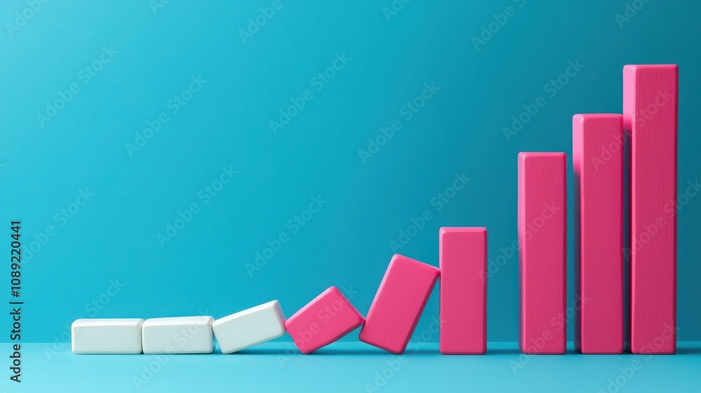 Poster a colorful graphic showing falling blocks leading to increasing bar charts, symbolizing growth and m
