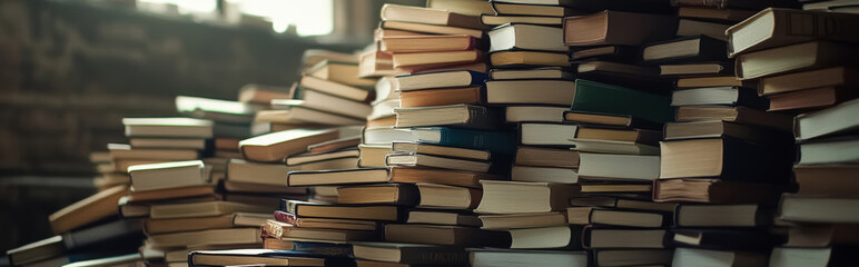 Stacks of books scattered on the floor in the library, bookstore. 