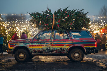 Colorful SUV With Christmas Tree Tied on Roof at Festive Tree Lot, Surrounded by Families and Twinkling Lights