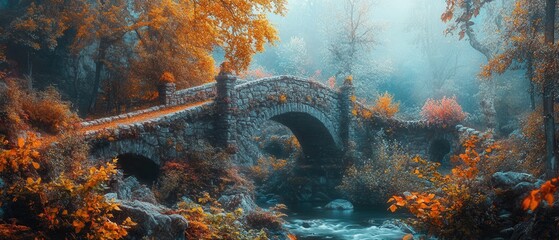 Beautiful stone bridge adorned with colorful flowers over a serene stream in an autumn forest