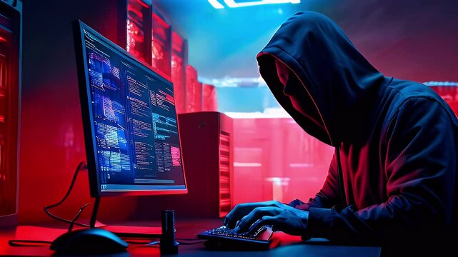 Hooded figure hacking computer system in dark room with red lighting.