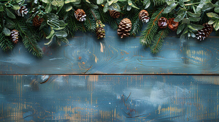 Rustic wooden background with pine branches and garland, great for mock-ups.