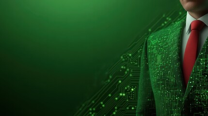 Man in suit and tie against a backdrop of green circuit board, fusion of business technology