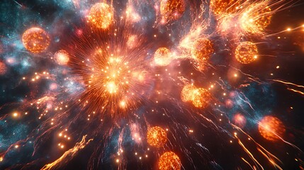 Fototapeta premium Abstract fiery cosmic explosion with glowing particles and nebula.