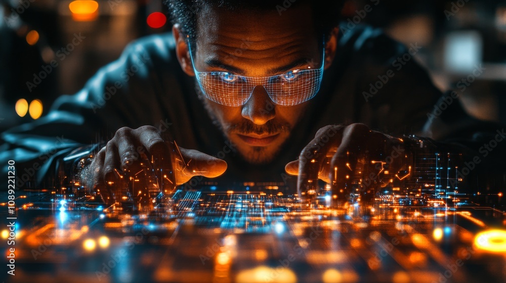 Poster engineer analyzing digital table with glowing circuits in a high-tech workspace at night