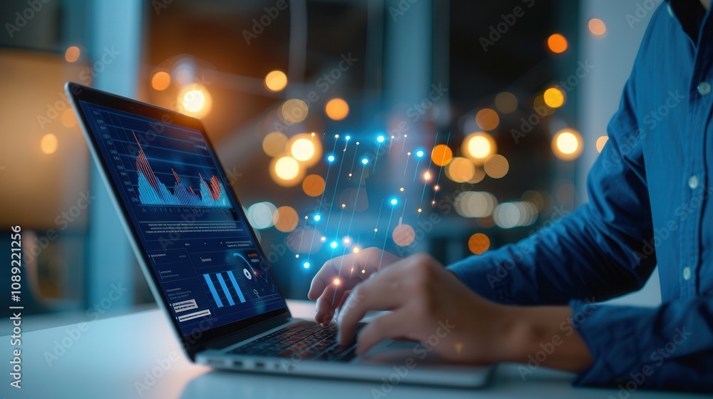 Poster hands typing on a laptop displaying financial charts and data, enhanced by a glowing holographic int