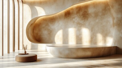 Here's a possible  and keyword list for your stock photo... Sunlit minimalist beige interior with organic shapes and curved wall.