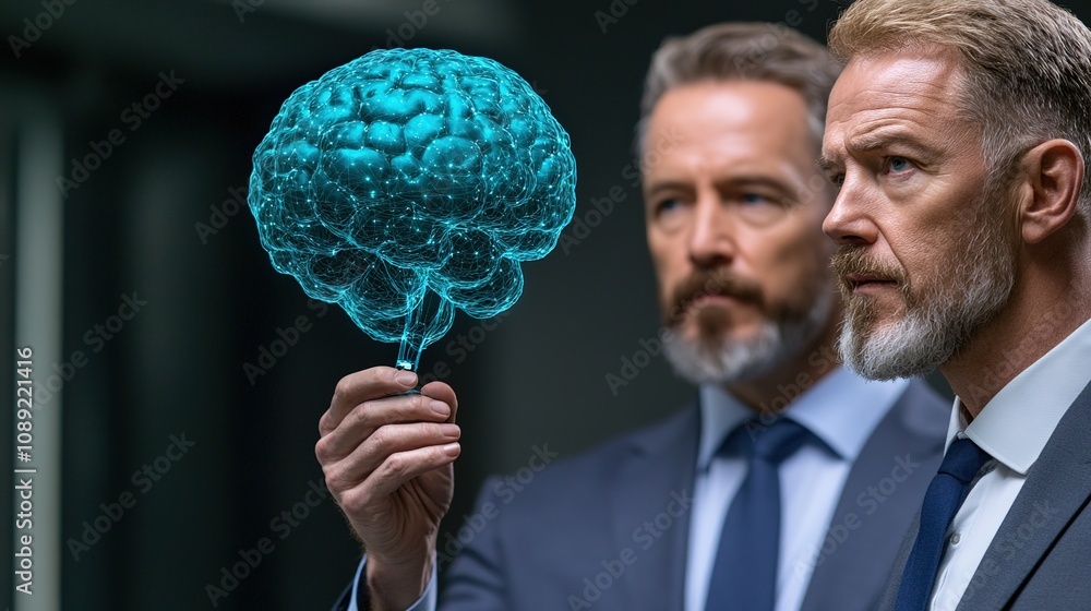 Poster innovative technology concept featuring two professionals examining a glowing digital brain hologram