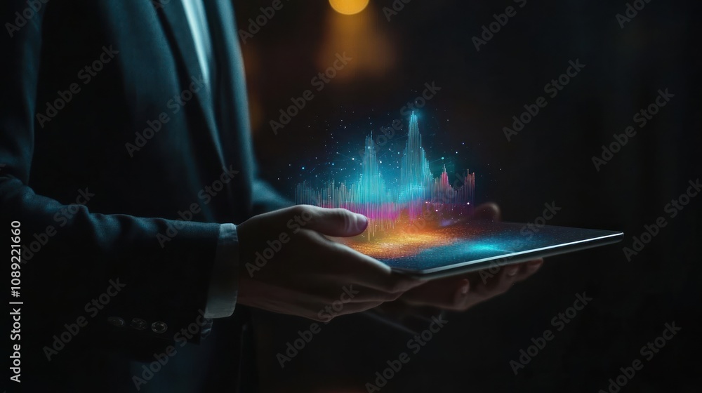 Poster a person holds a tablet displaying vibrant, abstract data visualizations.