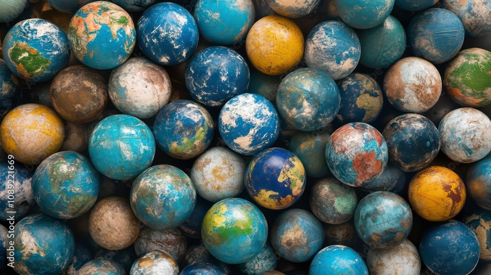 Poster a close-up of many small globes, all slightly different colors and textures, filling the frame, symb