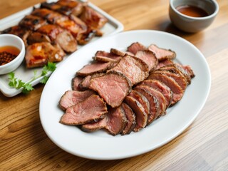 Thinly sliced marinated beef on a plate with grilled bulgogi served on a wooden table, savory dish, marinated, grilled meat