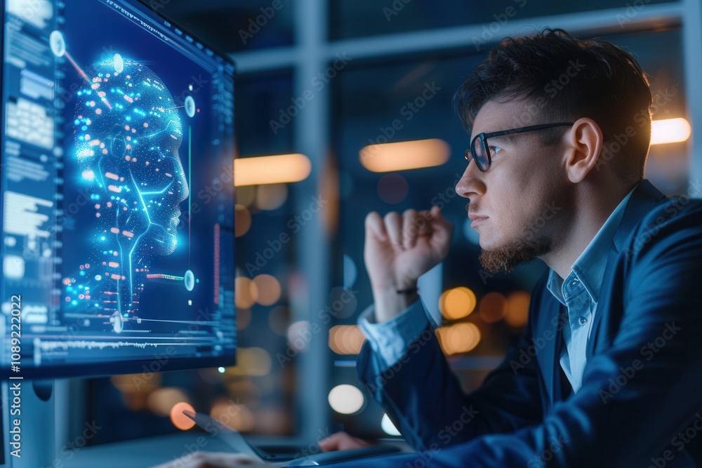 Poster a professional in glasses closely examines a digital screen displaying holographic ai and neural net