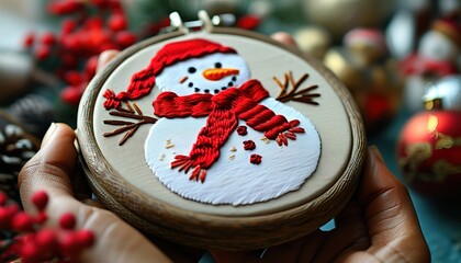 Adorable snowman embroidery hoop design wearing red christmas hat, festive holiday stitching and seasonal chee