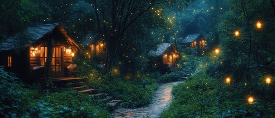 Cozy cabins in a forest illuminated by warm lights and fireflies at dusk