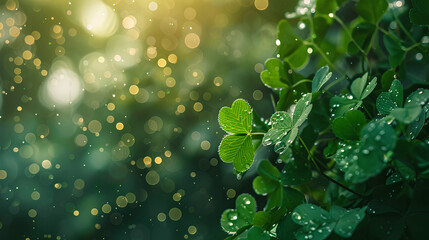 St. Patrick's Day four-leaf clovers, phone wallpaper, beautiful, green, dew on leaves.