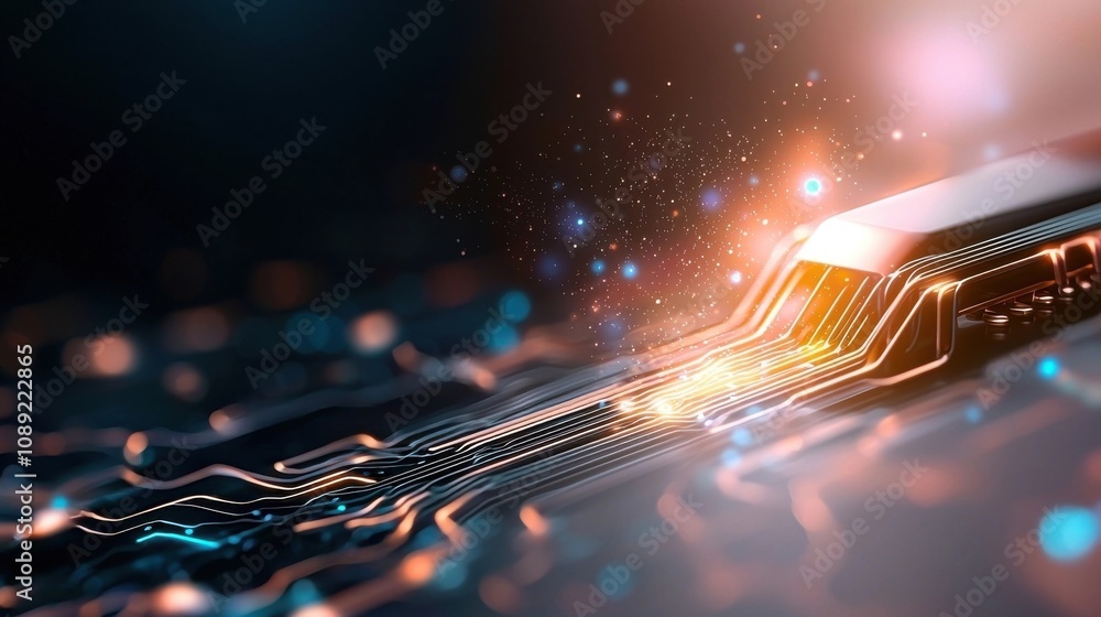 Aufkleber futuristic digital circuit board with glowing lights electrical sparks and abstract electronic patte