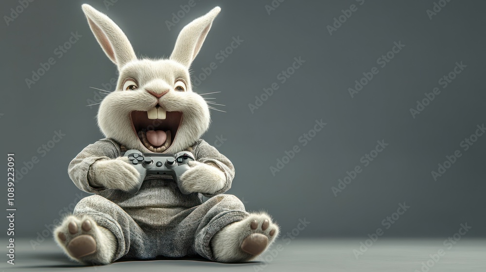 Poster a cartoon rabbit joyfully playing video games with a controller.