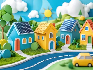 Naklejka premium Small carbonneutral town, eco homes with solar panels, paper texture, 3D illustration Carbon neutral paper-cut style.