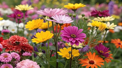 Vibrant floral background with mixed colorful blooms, flowers, foliage, blooms, garden