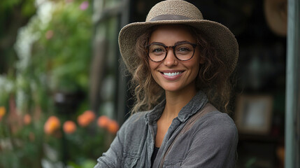 Smiling woman wearing glasses and a straw hat in a vibrant garden during daytime, showcasing her joy and connection to nature. Generative AI