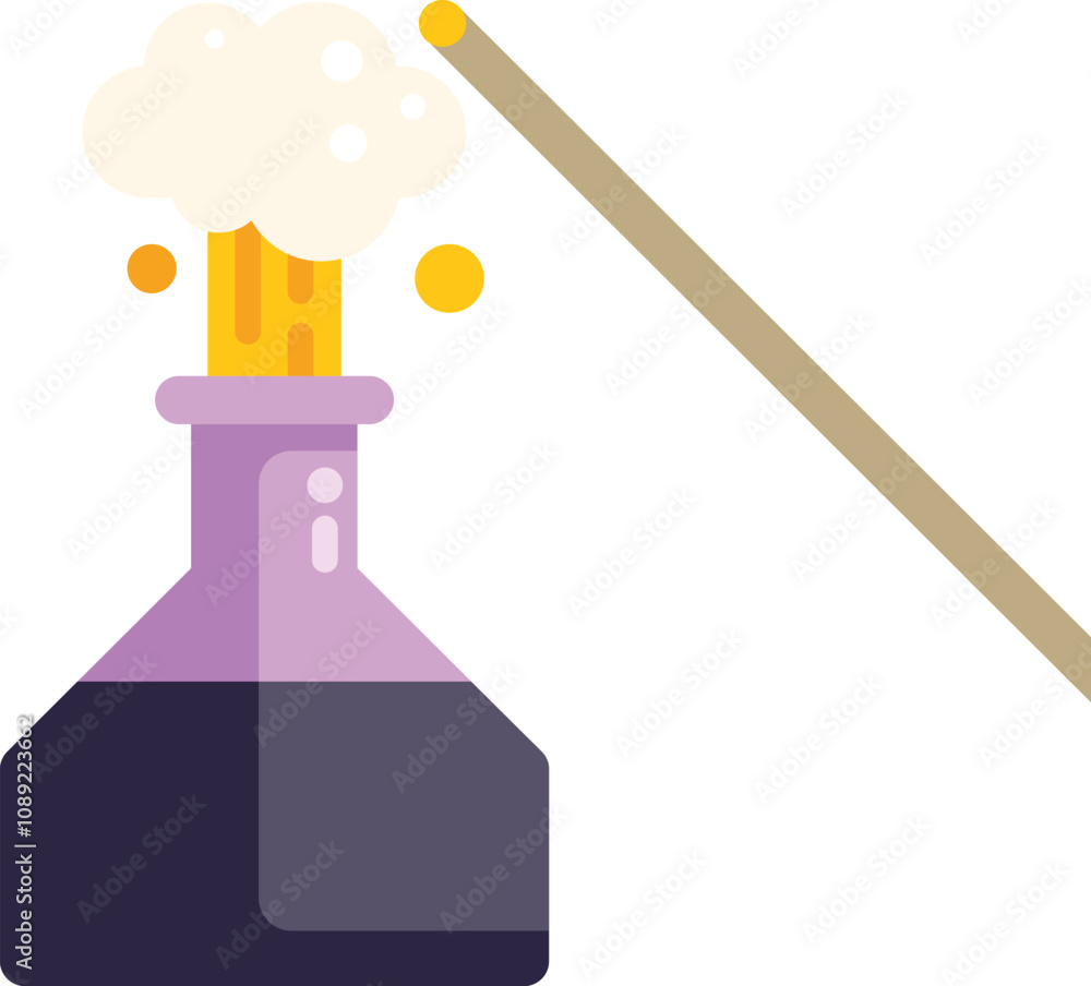 Poster magic wand casting a spell on a flask potion, creating a yellow cloud of smoke