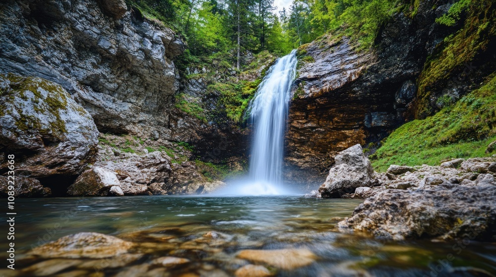 Poster serene waterfall cascading over rocks surrounded by lush greenery and majestic forest in a tranquil 