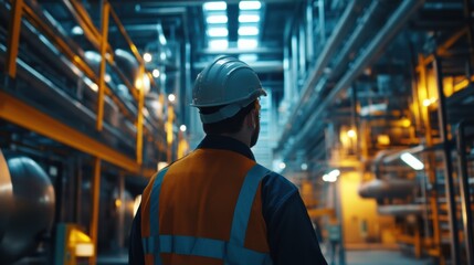 Industrial electrical engineer inspecting large-scale electrical systems, modern equipment and a high-tech factory environment
