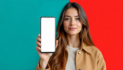 Naklejka premium Confident Woman Displaying Smartphone with Blank Screen – Dual-Color Teal and Red Background Mockup