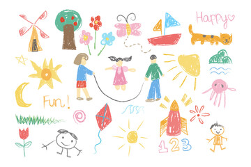 Crayon fun cute kid colorful doodle set badge, scribble line flower, heary background. Hand drawn doodle sketch childish element set. Flower, heart, windmill children draw style design elements