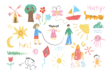 Crayon fun cute kid colorful doodle set badge, scribble line flower, heary background. Hand drawn doodle sketch childish element set. Flower, heart, windmill children draw style design elements