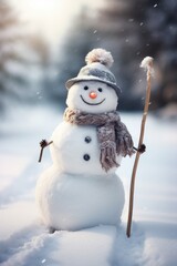 Fototapeta premium photograph of A happy wool snowman is riding in the snow. During the Christmas season