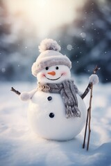 Fototapeta premium photograph of A happy wool snowman is riding in the snow. During the Christmas season