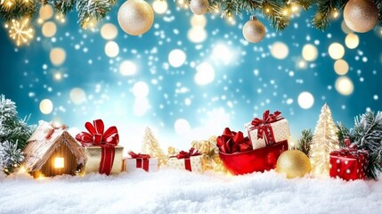 Obraz premium Decorated sleigh with gifts in a snowy landscape