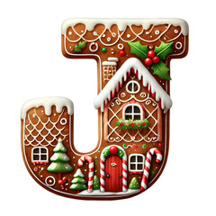 Christmas Gingerbread House Letter J PNG – Festive Holiday Alphabet Clipart with Candy Canes, Holly, and Snowy Decor