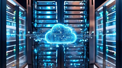 Illuminated cloud computing server room with glowing digital cloud network connection concept. - Powered by Adobe
