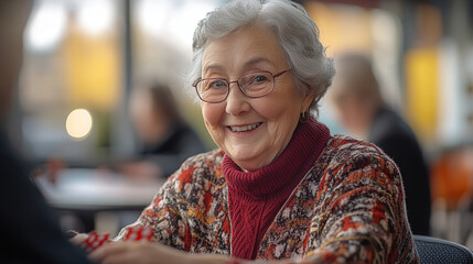 Elderly woman enjoys engaging conversation in cozy cafe during afternoon gathering with friends. Generative AI