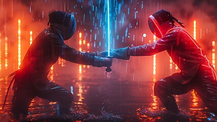 A sleek fencing duel with interactive digital scoring systems and neon-lit sabers promoting martial arts