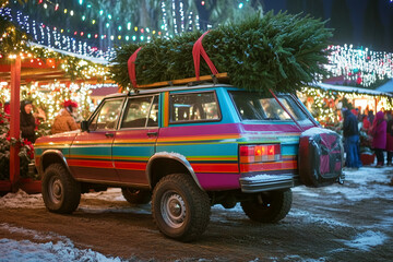 Colorful SUV With Christmas Tree Tied on Roof at Festive Tree Lot, Surrounded by Families and Twinkling Lights