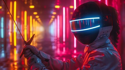 A sleek fencing duel with interactive digital scoring systems and neon-lit sabers promoting martial arts 