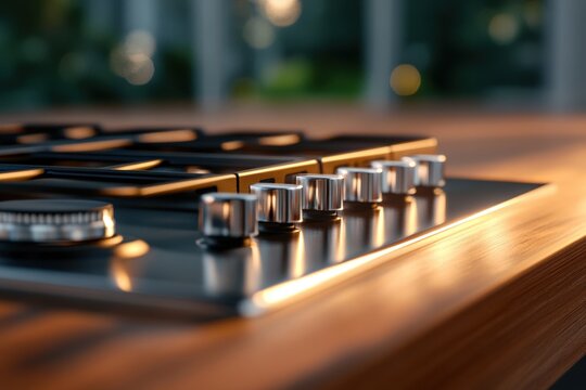 modern kitchen stove with sleek knobs and warm lighting