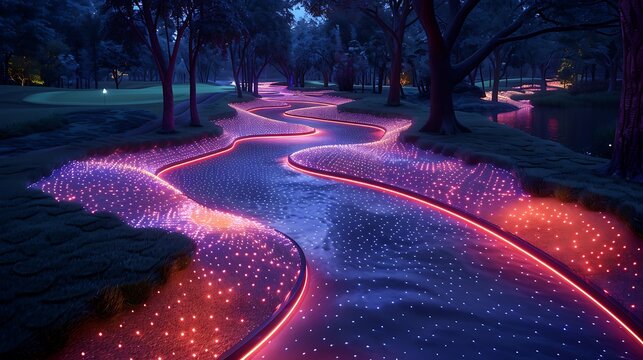 A sleek golf course with interactive digital hole maps and neon-lit fairways promoting precision golfing 