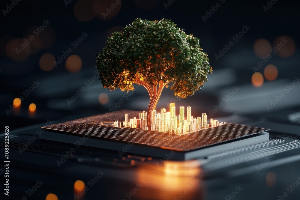 Poster a vibrant tree grows from a microchip, symbolizing the fusion of nature and technology in a futurist