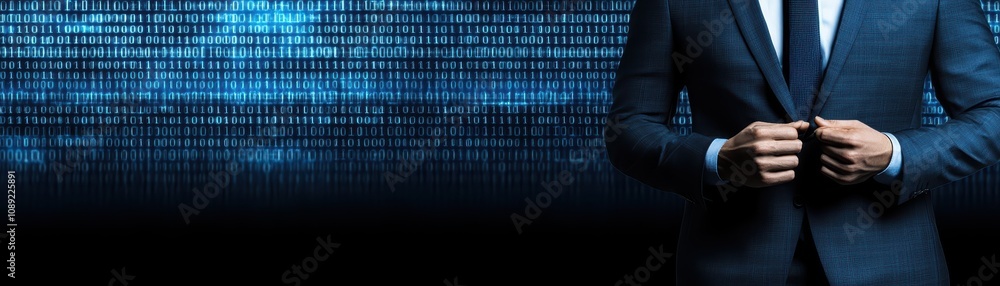 Poster Man in suit oversees server operations in data center, exploring network infrastructure, cloud computing, and it management