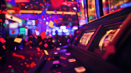 Obraz premium A vibrant casino scene featuring a slot machine surrounded by colorful confetti.