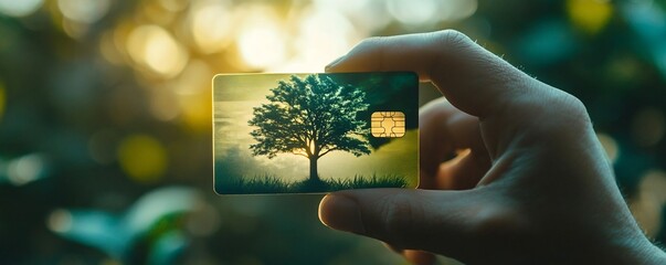 Hand Holding Futuristic Eco Conscious Credit Card with Tree Graphic