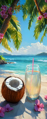 Obraz premium Tropical beach scene with coconut water drink.