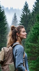Obraz premium Adventurous hiker with backpack gazes at misty forest landscape, surrounded by towering evergreens. Serene moment captures wanderlust and connection with nature.