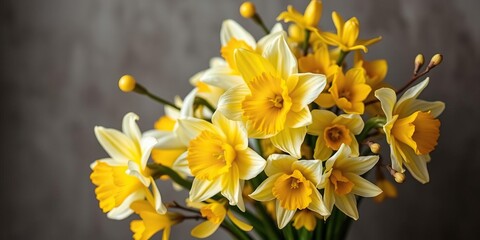 Fototapeta premium Spring bouquet with narcissus and forsythia, floral arrangement, blooming flowers, spring bouquet