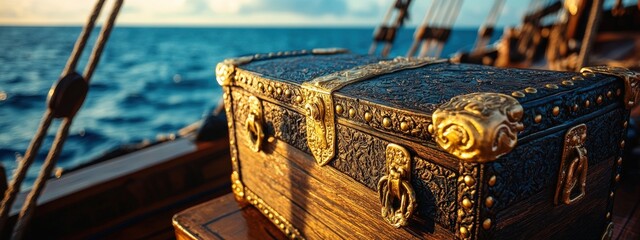 Ornate Pirate Treasure Chest with Golden Accents on Ship Deck Overlooking Ocean