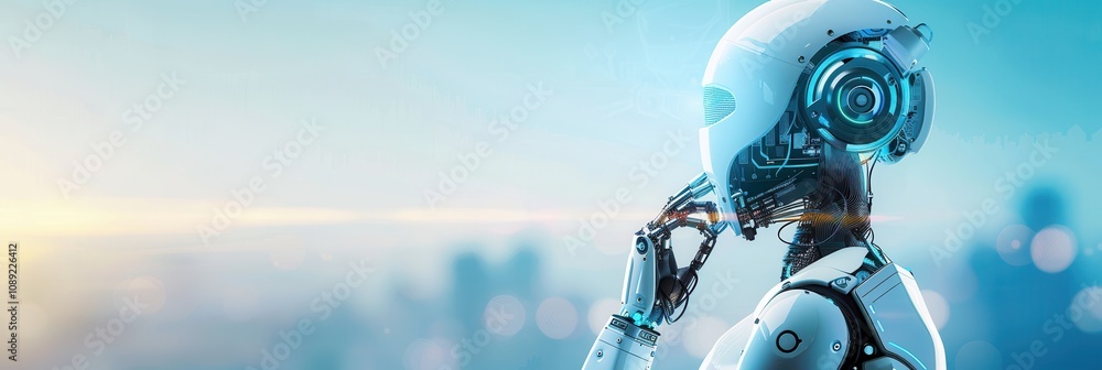 Aufkleber humanoid robot with exposed circuits and futuristic design, contemplating in a bright environment wi